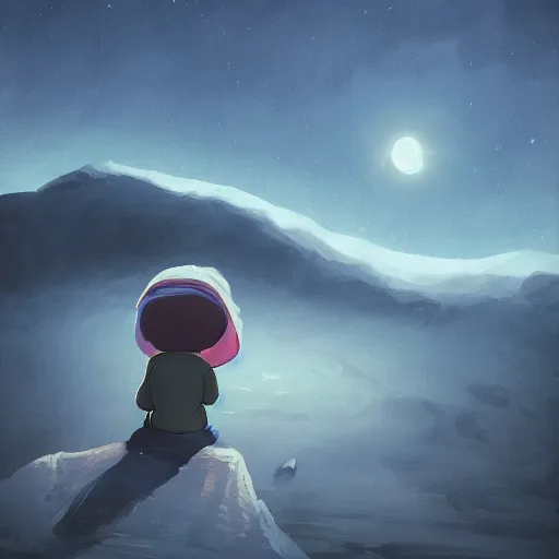 Image similar to a little boy with a blue scarf sits on the moon and looks into the warm abyss of space, he dreams of a terminal future, surreal photography, moon light, dark night, dramatic, impressionist painting, clouds, digital painting, artstation, simon stalenhag