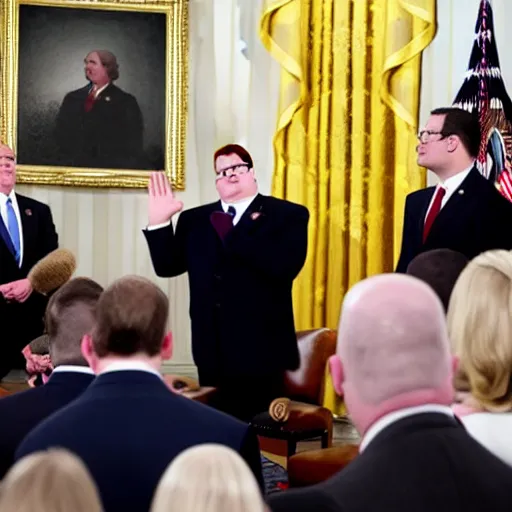 Image similar to peter griffin being sworn into the white house, realistic, beautiful composition, sharp focus, sharp focus