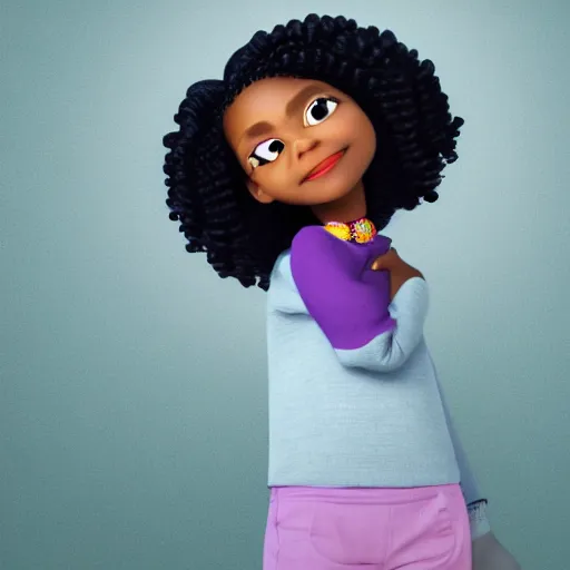 Prompt: a black girl with curly purple hair and a ring around her neck, by Pixar, 8k design