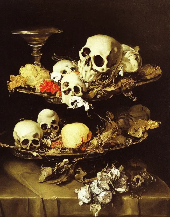 Prompt: still life painting with a single skull on a silver platter surrounded by dead flowers and rotten fruit, lit by a single candle by Diego Velázquez and francisco goya, wet, slimy