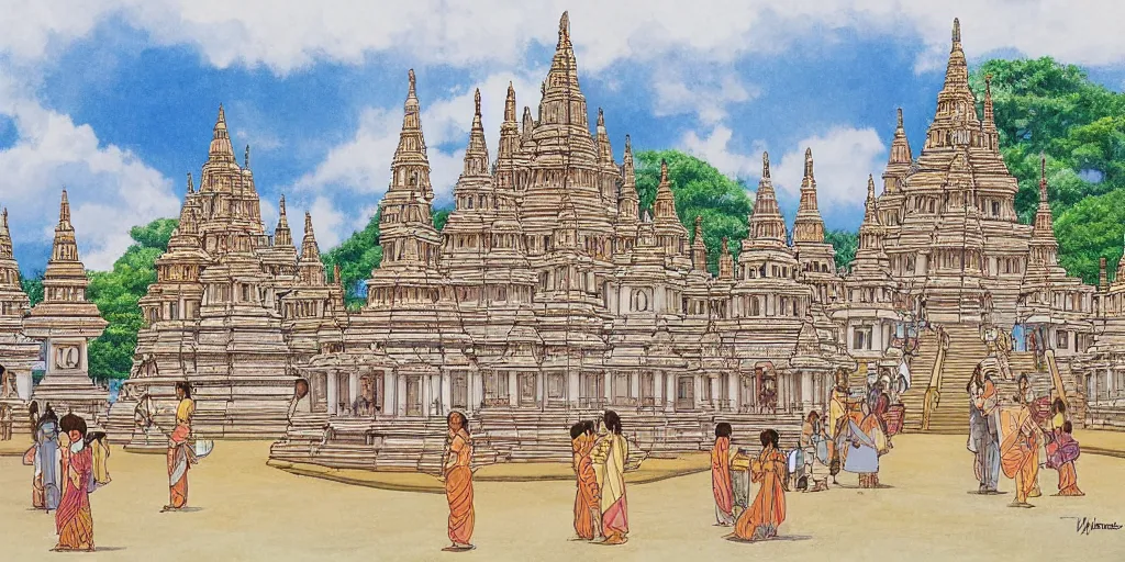 Image similar to jaffna kovil in sri lanka, drawn by hayao miyazaki