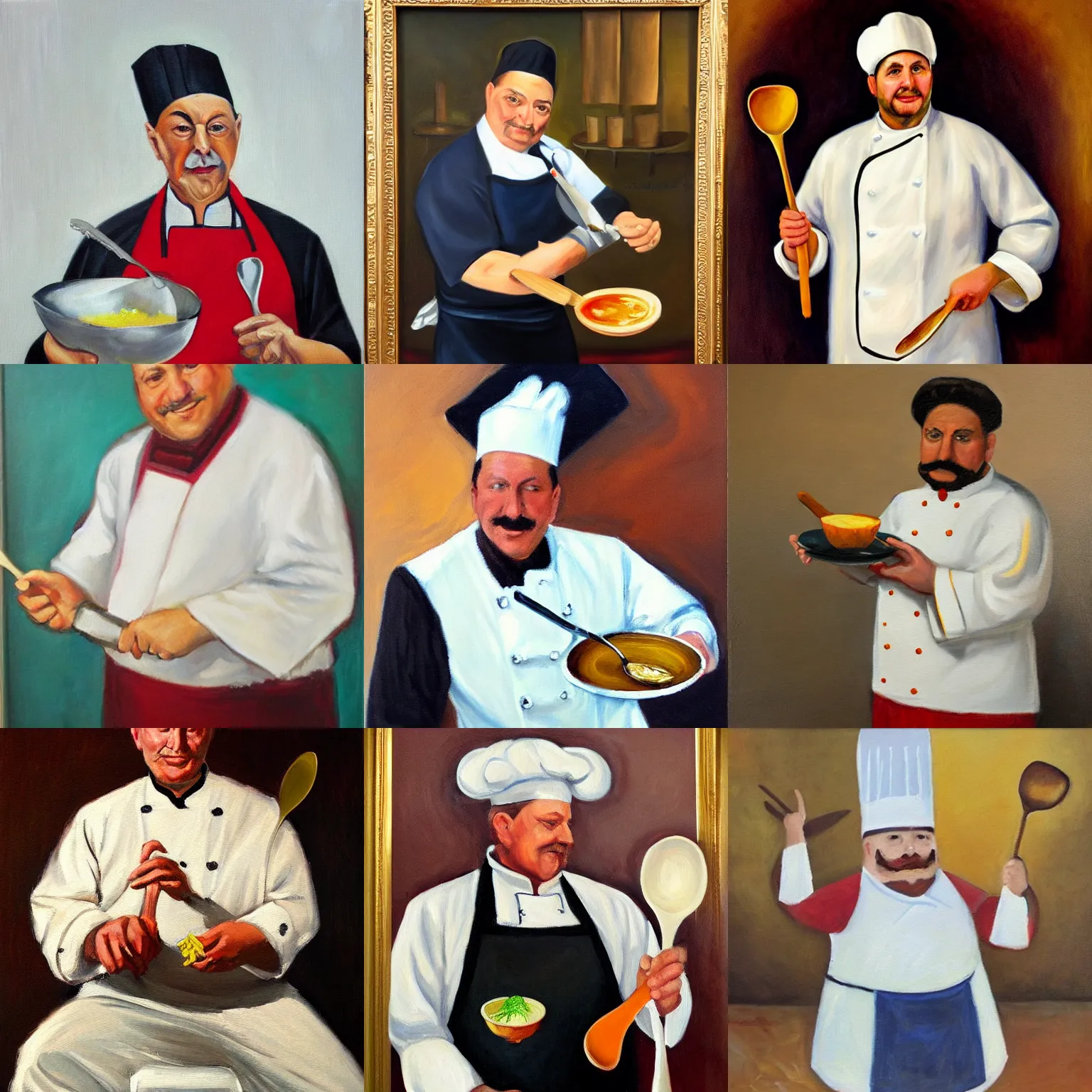 Prompt: Oil painting of a classic Chef wearing regal chef's attire, he is holding a large spoon