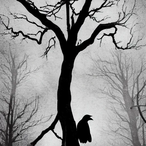 Image similar to a man is hanging on a rope on a tree, gloomy style, two crows are flying, black and white photography, creepy, stylization of a picture illustration from a book