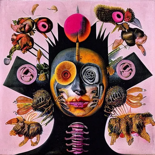 Image similar to post - punk new age album cover, asymmetrical design, yoga, relaxation, magic, apocalypse, psychedelic, black white pink, magic, giger h. r., giuseppe arcimboldo