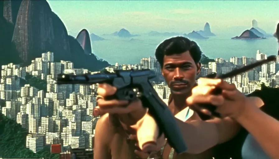 Prompt: 1 9 8 6 movie screencap of a couple with a gun on a rio de janeiro, gucci clothes, sparkes sky, beautiful favela background extremely utra high quality artwork 8 k