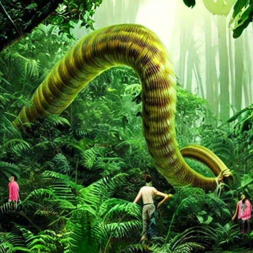 Image similar to « a group of people lost in a detailed jungle with luminescent plants and beautiful tall trees, but there is a giant worm that is hidding »