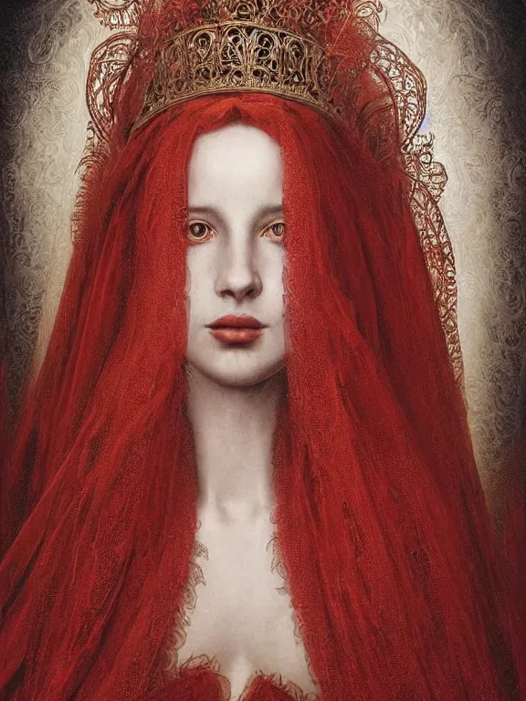 Prompt: a beautiful render of baroque catholic veiled red queen , with symmetry intricate detailed,by LEdmund Leighton, peter gric,aaron horkey,Billelis,trending on pinterest,hyperreal,jewelry,gold,intricate,maximalist,glittering,golden ratio,cinematic lighting