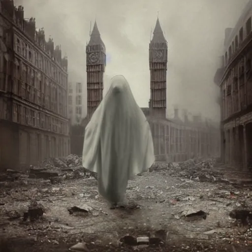 Image similar to ominous bedsheet ghost walking through the center of a destroyed london city, 1 9 2 0's colored pencil, gloomy misty atmosphere, deep aesthetic, symmetrical, full body image, highly ornate intricate details, very sharp photo,