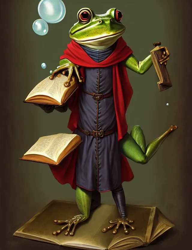 Prompt: anthropomorphic bipedal frog that is dressed as a medieval librarian, and holding a giant book, as a matte oil painting and d & d character art, by pietro annigoni, standing, fullbody, floating bubbles, loose pages, concept art, award - winning, extremely detailed, sharp focus