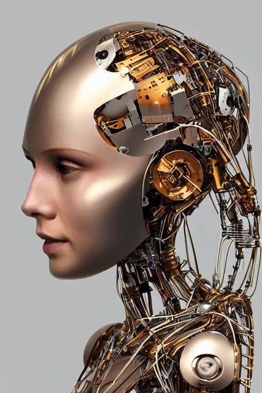 Image similar to robot with human face, female head, full body angle, woman human face, human face realistic, beautiful blonde hair, human head, human head with blonde hair, blonde hair human head, blonde hair, human realistic face, human head skin, cyborg frame concept, cyborg by ales-kotnik, sci-fi android female, the body is made of wires, robotic body, cyborg body, cyborg bust body, robot body cyborg, full body