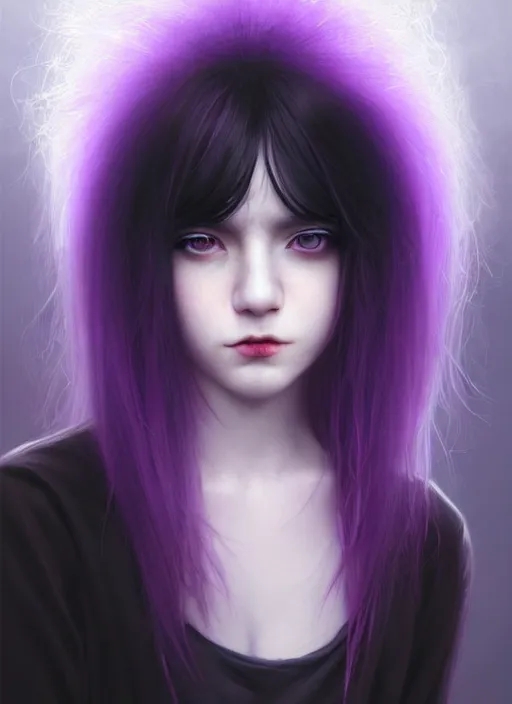 Image similar to hair blackbangs hair, white hair, blackbangs, portrait of teenage girl with white hair, red irises, purple clothes, black bangs, bangs are different color from hair, intricate, elegant, glowing lights, highly detailed, digital painting, artstation, concept art, smooth, sharp focus, illustration, art by wlop, mars ravelo and greg rutkowski