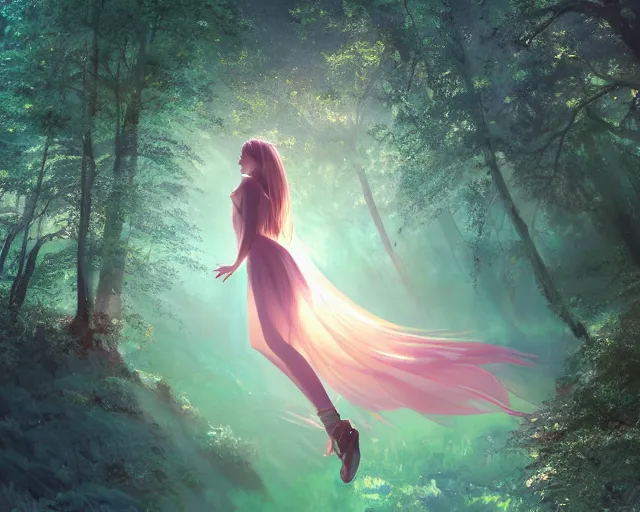 Prompt: a girl that has wings on her back hovering in a forest facing the camera, front facing, girl is the focus, angel girl with wings, sunlit, matte painting, digital illustration, very vibrant colors, soft lighting, adventurous, atmospheric lighting, 8K, octane render. By Makoto Shinkai, Stanley Artgerm Lau, WLOP, Rossdraws, James Jean, Andrei Riabovitchev, Marc Simonetti, krenz cushart, Sakimichan, D&D trending on ArtStation, digital art.