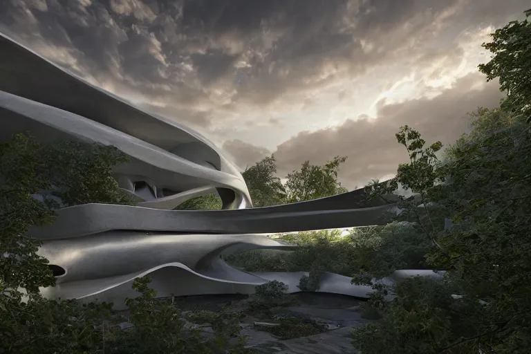 Prompt: extremely detailed sculpture designed by Zaha Hadid in a forest, stunning volumetric light, sunset, metal, concrete and translucent material, stunning skies, trending on Artstation, 8k, photorealistic, hyper detailed, unreal engine 5, IMAX quality, cinematic, epic lighting, in the style of Greg Rutkowski