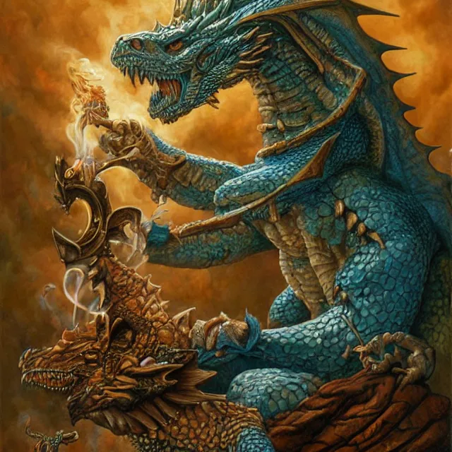 Prompt: artwork by Justin Gerard and Jeff Easley showing a dragon sitting on a volkano smoking his pipe