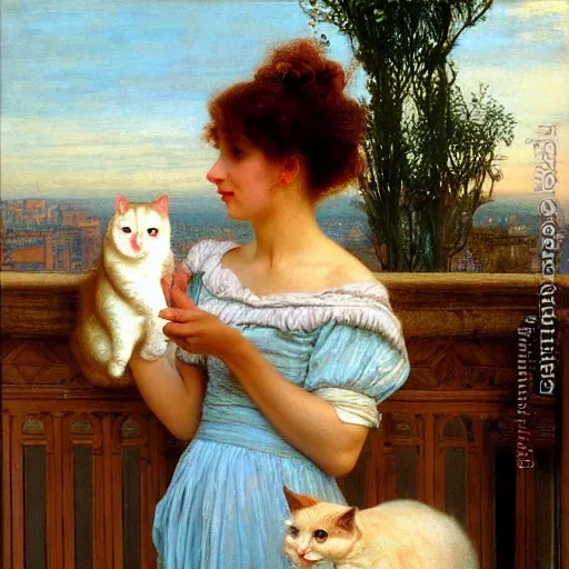 Prompt: lady with long ginger curly hair in a light blue dress petting a white cat on a balcony with a bright orange sky in the background, painting by lawrence alma - tadema, 4 k