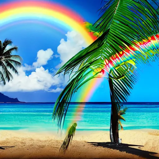 Image similar to miracle musical Hawaii part ii album cover, showing an ocean in the background, spiral transparent stairs on the left with tall palm trees behind it, a slight rainbow in the background, white outline border, moon in the right top area black and white except for the rainbow album cover