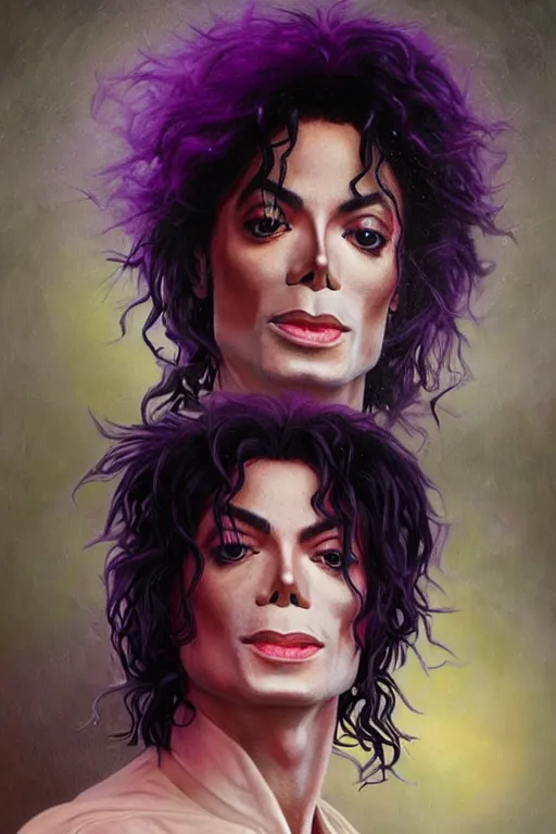 Prompt: A mystical mesmerizing 8k hyperrealistic Photo Portrait Michael Jackson transforming into a purple haze, soft, sharp focus, detailed, art by Greg Rutkowski and artgerm and Alphonse Mucha