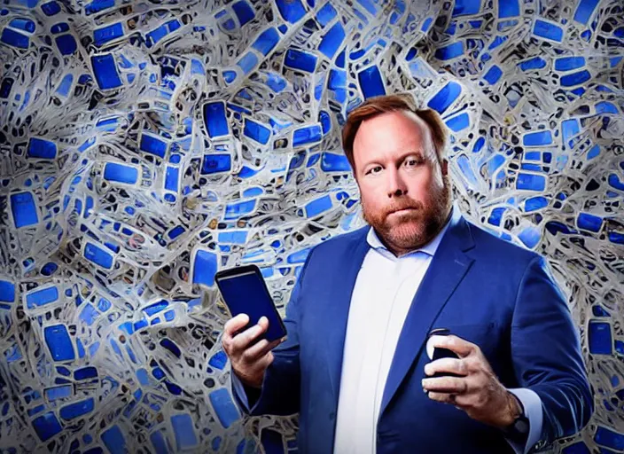 Image similar to dslr photo still of infowars host alex jones in a blue suit fat beard and mustache sitting depressed in a room filled to the ceiling with cell phones stacks of cell phones cell phones stacks cell phones filling the entire room, 5 2 mm f 5. 6