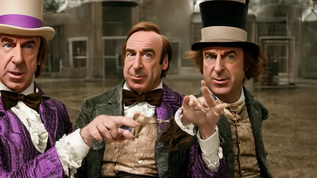 Image similar to saul goodman as Willy Wonka, film still from the movie directed by Denis Villeneuve with art direction by Salvador Dalí, wide lens