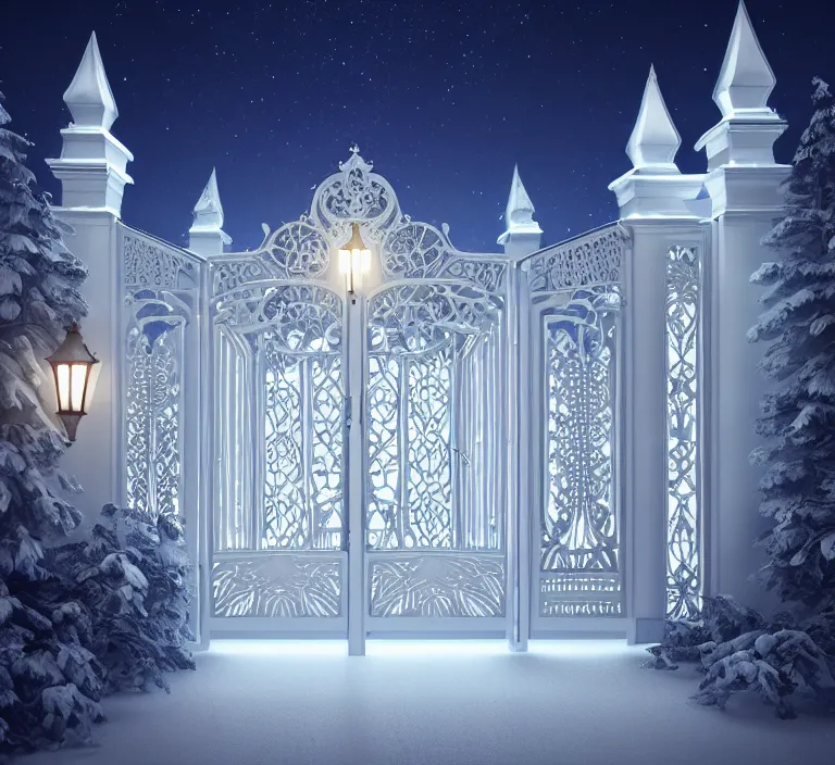 Image similar to a very detailed concept art of intricate and scandinavian white gates to aurora borealis infused with lights, trending on artstation, symmetry, digital art, 4 k, hyper realistic, octane render, sharp focus