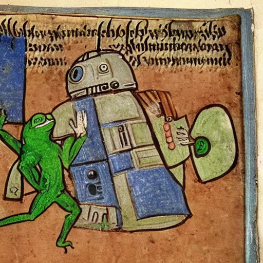 Image similar to page from a 1 4 th century monk's manuscript illustrating an epic battle between r 2 d 2 and pepe the frog