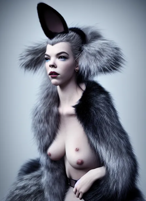 Image similar to full body environmental portrait photo of dressed catgirl anya taylor - joy, cat ears, fur, glamour shot by gemmy woud - binnendijk, chris knight, photorealistic, canon r 3, high fashion photography, elegant, luxury and elite, symmetry, octane render, unreal engine, solid dark grey background, dramatic studio lights, high fashion journal cover