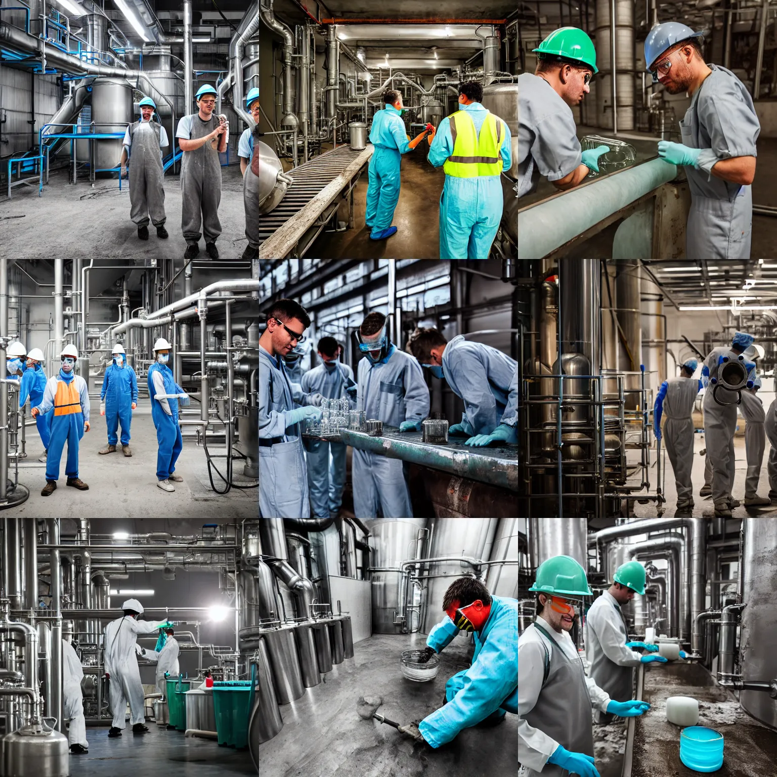 Prompt: toothpaste refinery, glass pipes showing toothpaste inside, workers in grey work overalls, machines, industrial, high definition photograph, documentary still, 4k HD,