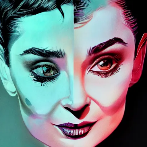 Prompt: An extremely psychedelic portrait of Audrey Hepburn, surreal, LSD, face, detailed, intricate, elegant, lithe, highly detailed, digital painting, artstation, concept art, smooth, sharp focus, illustration