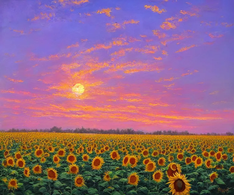 Image similar to sunflowers, william henrits, hovik zohraybyan, oil painting, bright colors, pink skies, sunrise, peaceful, serene, joy