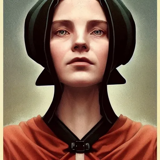 Image similar to portrait of a dystopian woman wearing an outfit inspired by the handmaid ’ s tale ( 2 0 1 7 ), intricate, headshot, highly detailed, digital painting, artstation, concept art, sharp focus, cinematic lighting, digital painting, art by artgerm and greg rutkowski, alphonse mucha, cgsociety