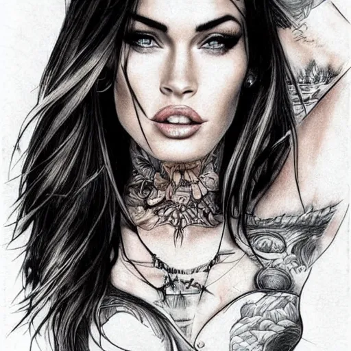 Image similar to tattoo design sketch of megan fox mash up effect with beautiful mountain scenery, in the style of matteo pasqualin, amazing detail