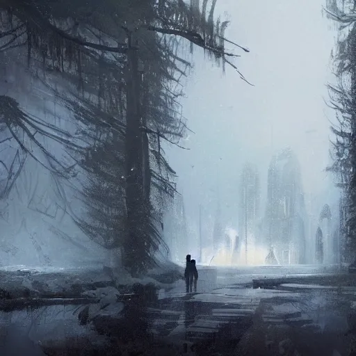 Prompt: star wars concept art by greg rutkowski, buildings of a military base with a neogothic appearance, in the middle of a snowy forest landscape and near a lake, dark clouds, scarce rays of sunlight, enigmatic atmosphere, artstation hq.