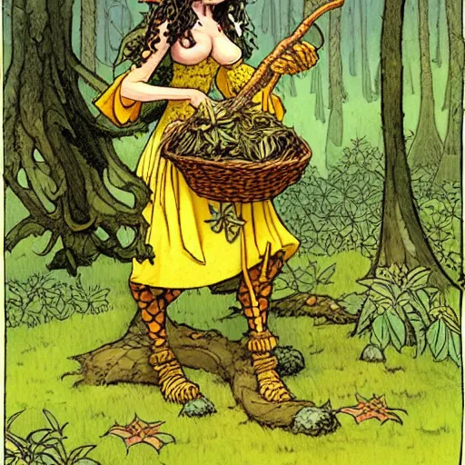 Prompt: A cute yellow-scaled Kobold-girl Herbalist collecting flowers in the forest. Absurdly-detailed fantasy character illustration by Rebecca Guay and Wayne Reynolds