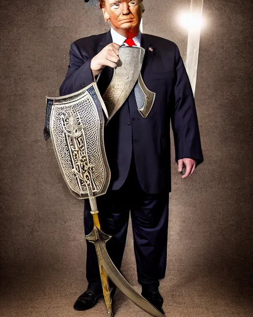 Image similar to a photo of donald trump dressed as a medieval knight. he's holding a longsword. medium shot portrait. dslr photography