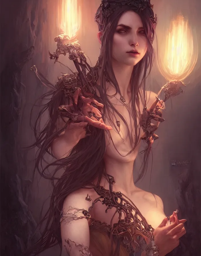 Image similar to Necromancer Sorceress, fantasy magic, undercut hairstyle, dark light night, intricate, elegant, sharp focus, illustration, highly detailed, digital painting, concept art, matte, art by WLOP and Artgerm and Greg Rutkowski and Alphonse Mucha, masterpiece