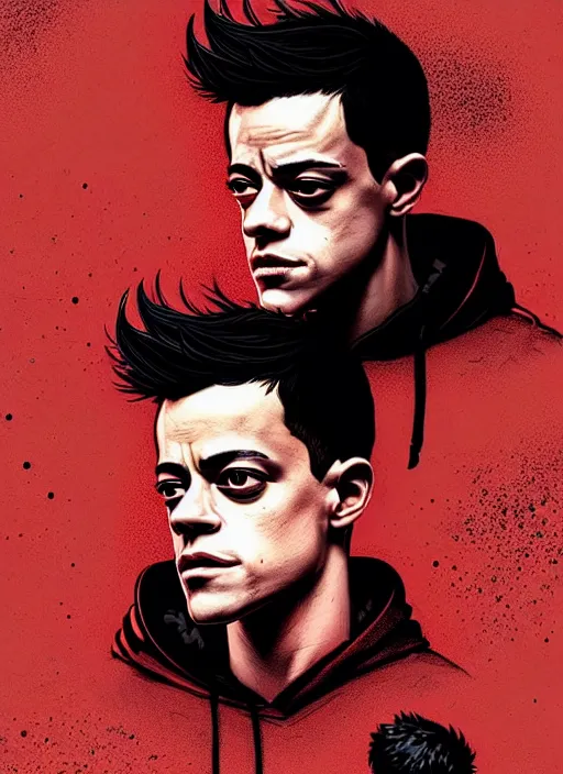 Image similar to highly detailed moody portrait of rami malek, elliot anderson, black hoody by atey ghailan, by greg rutkowski, by greg tocchini, by james gilleard, by joe fenton, by kaethe butcher, gradient red, black and white color scheme, grunge aesthetic!!! ( ( graffiti tag wall background ) )