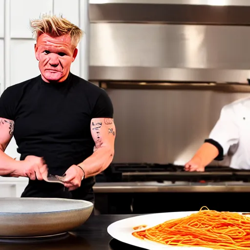 Image similar to gordon ramsay, throwing spaghetti, yelling at eminem, cooking show, very detailed, realistic, 4 k, professional photography