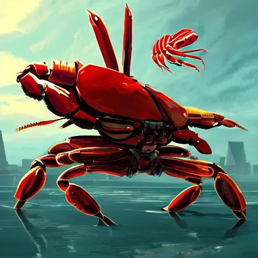 Prompt: obama piloting a mecha crab fighting the lobsters insurgent, digital art, trending on cgsociety