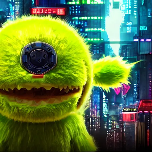 Image similar to high quality 3 d render cyberpunk very tennis ball monster highly detailed, unreal engine cinematic smooth, in the style of blade runner & detective pikachu, basil gogos, chalk, low angle, uhd 8 k, sharp focus, illustrated by basil gogos