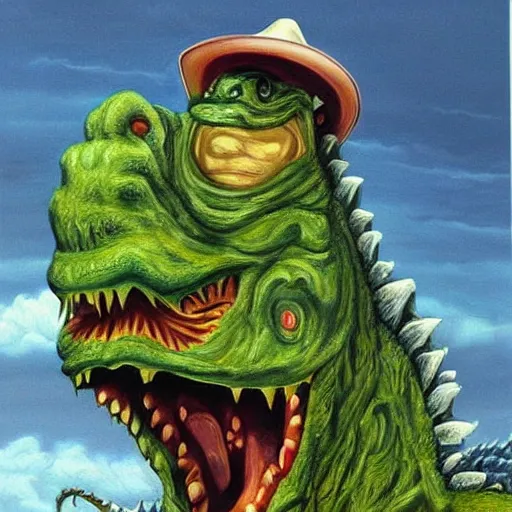 Image similar to beautiful lifelike painting of godzilla wearing a cowboy hat, hyperreal detailed facial features and uv lighting, art by ed roth and basil wolverton