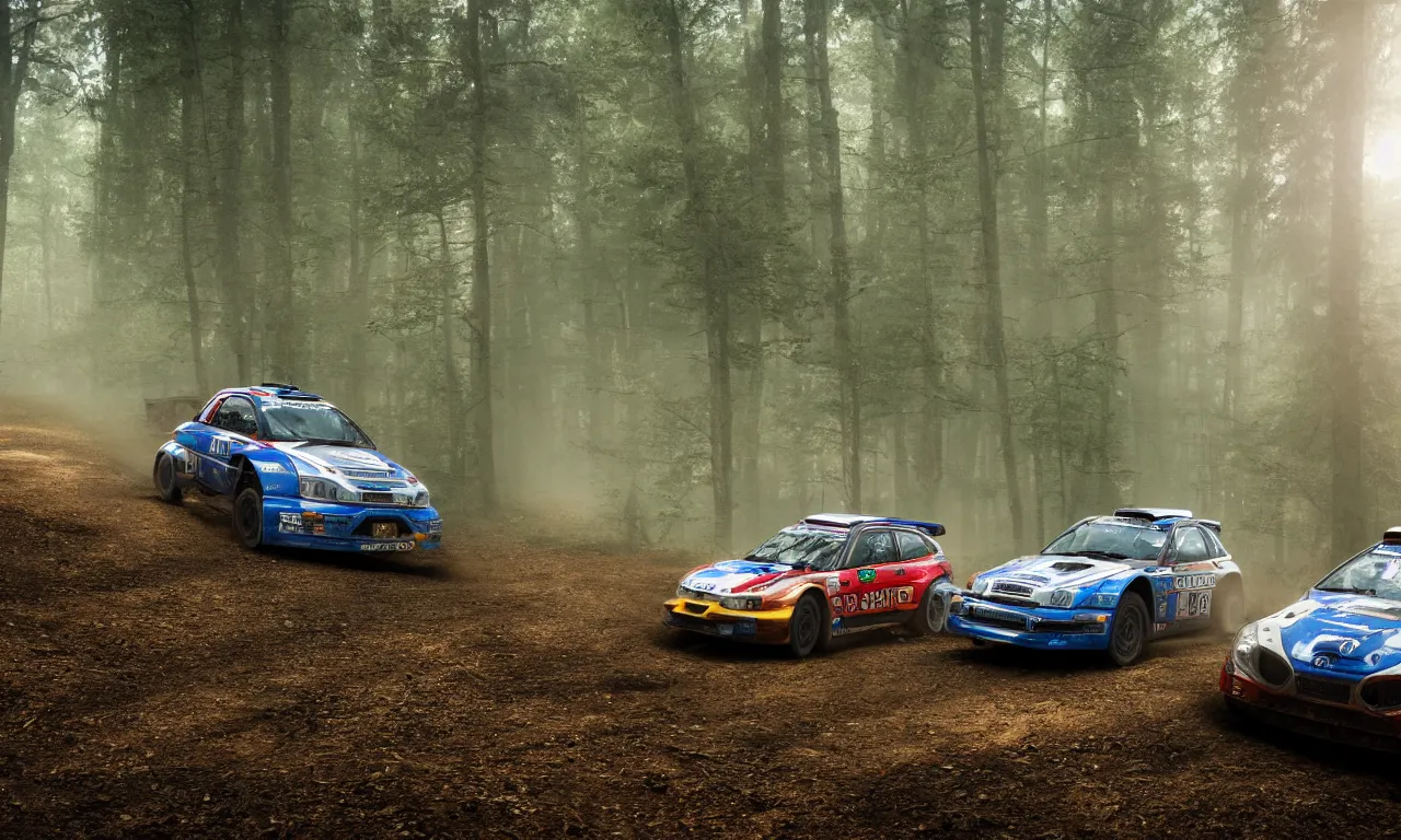 Image similar to 3 rally cars racing through a forest misty , sun shining through the trees, motion blur high detail ultra realistic 8k,