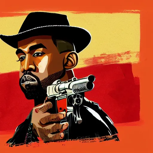 Prompt: kanye west in stephen bliss illustration red dead redemption 2 artwork of kanye west, in the style of red dead redemption 2 loading screen, by stephen bliss