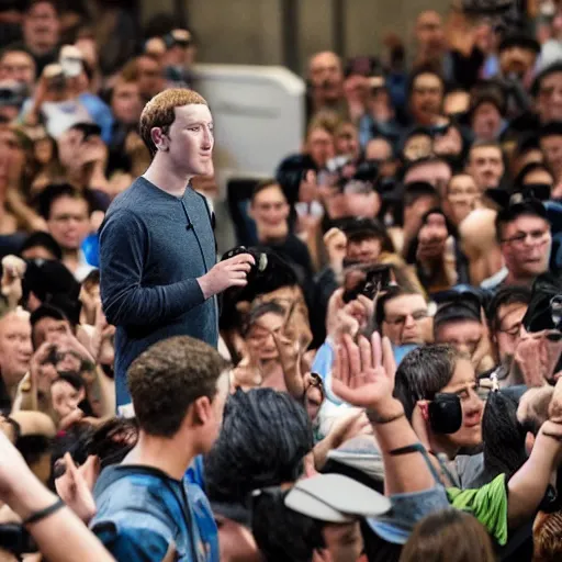 Prompt: mark zuckerberg standing on a podium, looking over a crowd of civilians who are wearing VR headsets