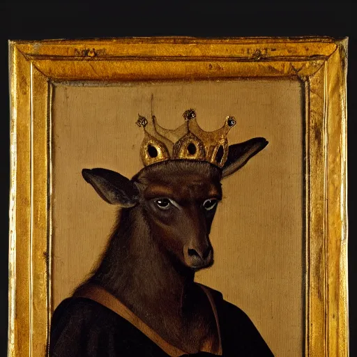 Image similar to renaissance style portrait of a chamois wearing a crown and a cape, dark background