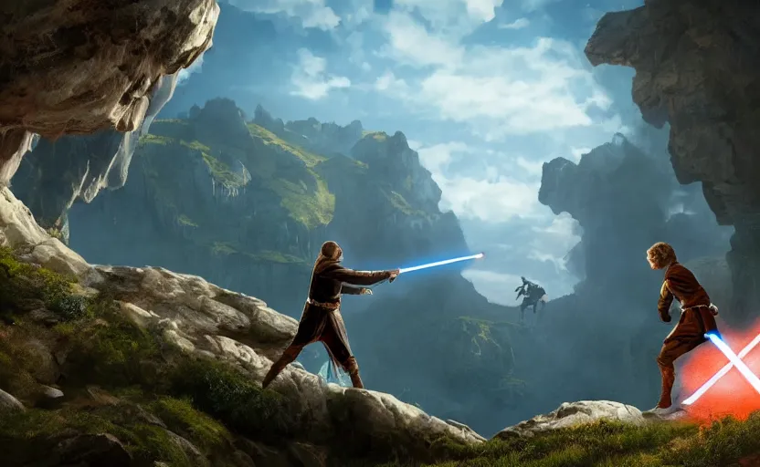 Image similar to anakin skywalker and obi wan kenobi engaging in an epic duel on a cliffside, epic, fantasy artwork, intense, cinematic, raytracing, dynamic lighting, 4 k