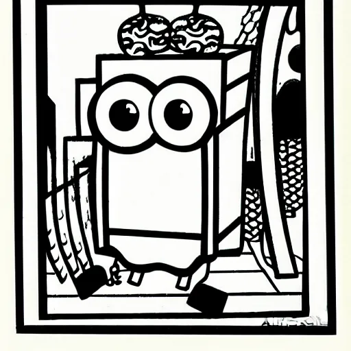 Image similar to spongebob squarepants, portrait, b&w, woodblock print, by Aubrey Beardsley