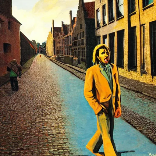 Image similar to bob marley walking in bruges, painted by scott listfield, sunny, happy