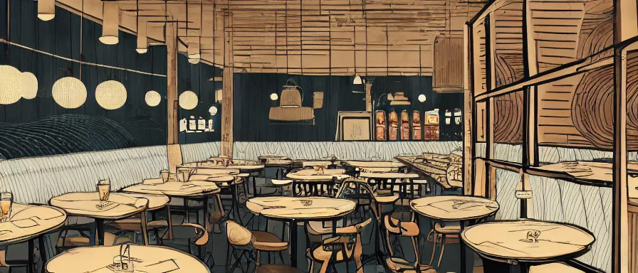 Image similar to a beautiful interior view illustration of a small roasted string hotpot restaurant of baota mountain in yan'an city, animation illustrative style, from china, restaurant theme wallpaper is a high tower on a mountain, rectangle white porcelain table, black chair, simple style structure decoration design, victo ngai, james jean, 4 k hd