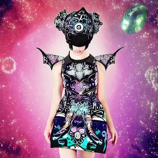 Image similar to ornate scifi cyber royal headgear, floral patterned dress, fantastical teen girl esoteric fashion zine