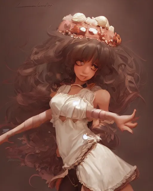 Prompt: a ( girl as personification of chocolate cupcake ), fantasy bakery, digital art by krenz cushart, laurie greasly, intricate, highly detailed, sharp focus, smooth, epic composition, joyful, unreal engine